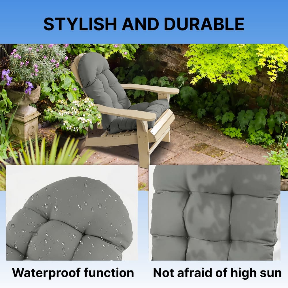 Chair with gray cushions in a garden setting, highlighting waterproof and sun-resistant features.