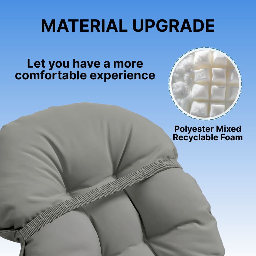 Gray neck pillow with material upgrade text and polyester mixed recyclable foam inset on a blue background
