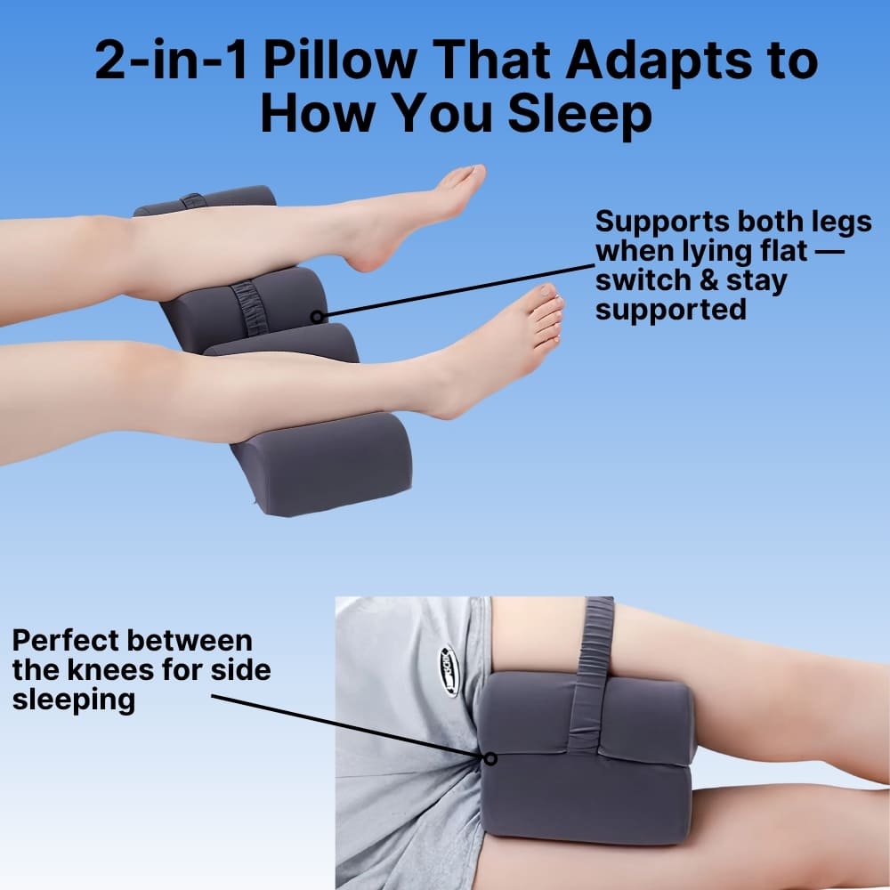 2-in-1 pillow with text explaining its use for different sleeping positions on a blue background.