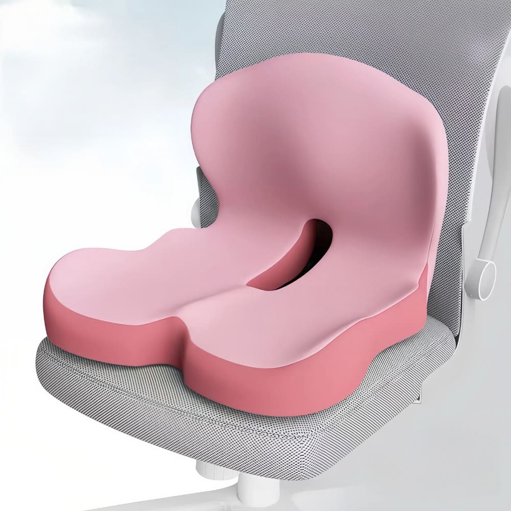 Pink office chair cushion on a gray office chair