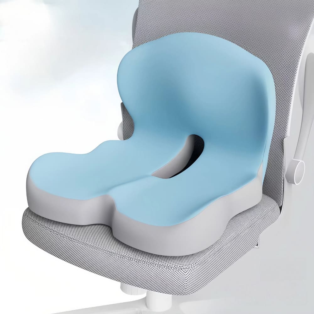 Blue office chair cushion on a gray office chair