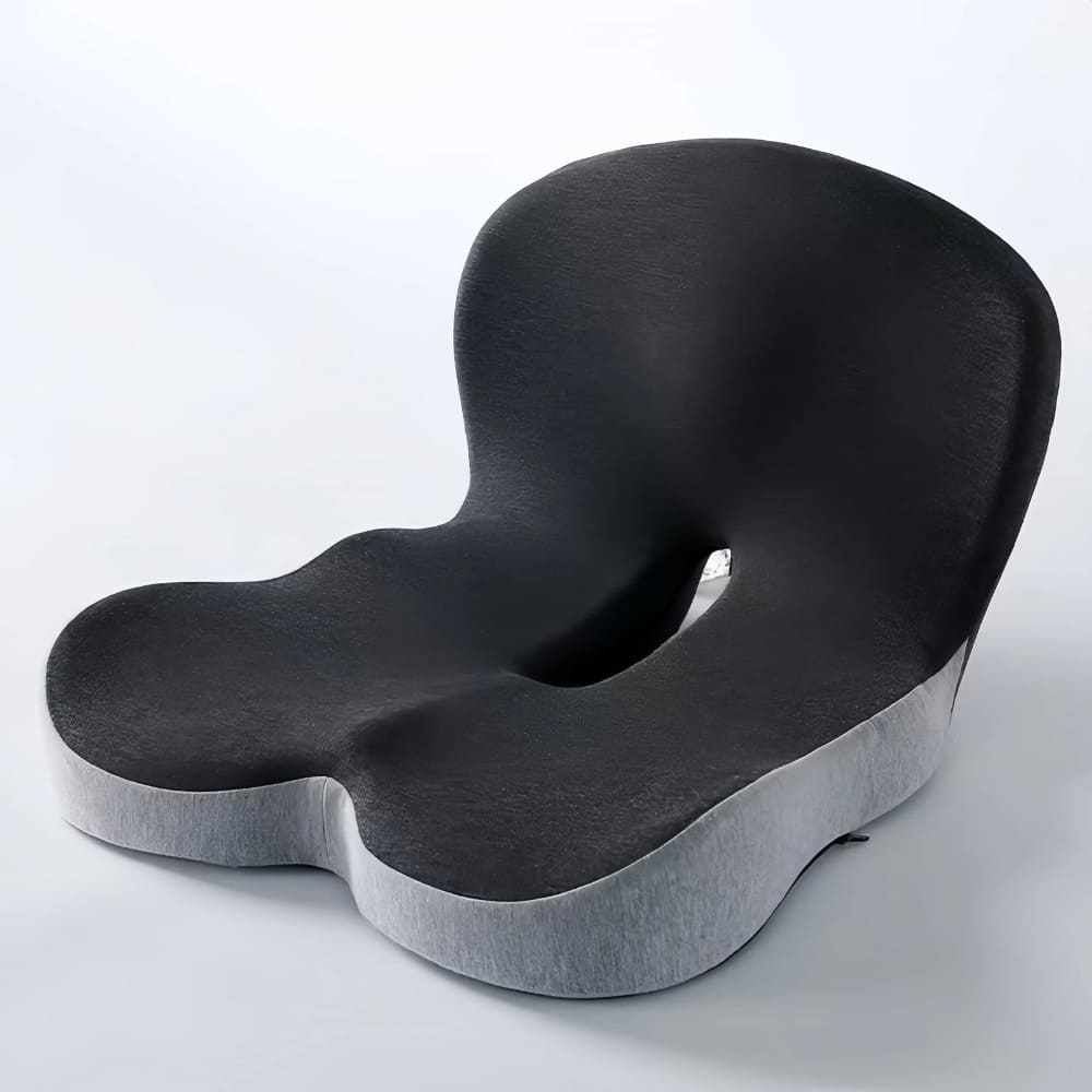 Black and gray ergonomic seat cushion on a white background