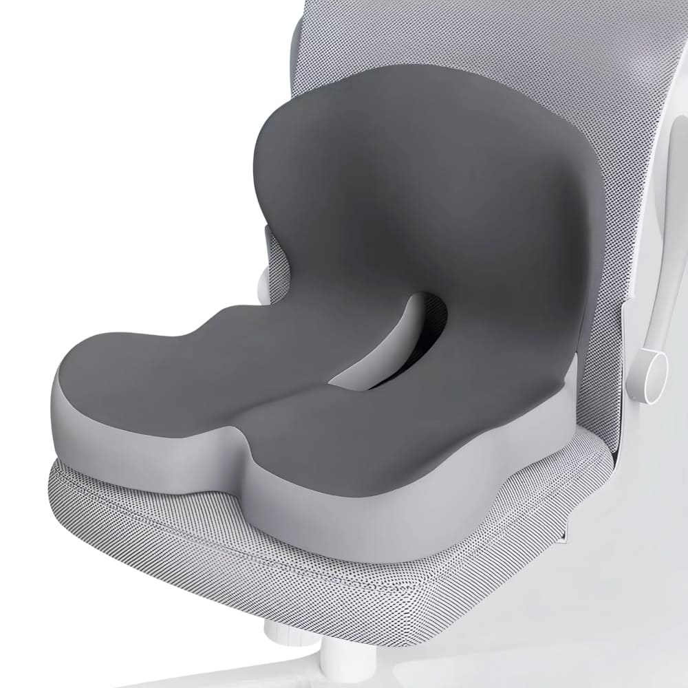 Gray seat cushion on a chair with a white background