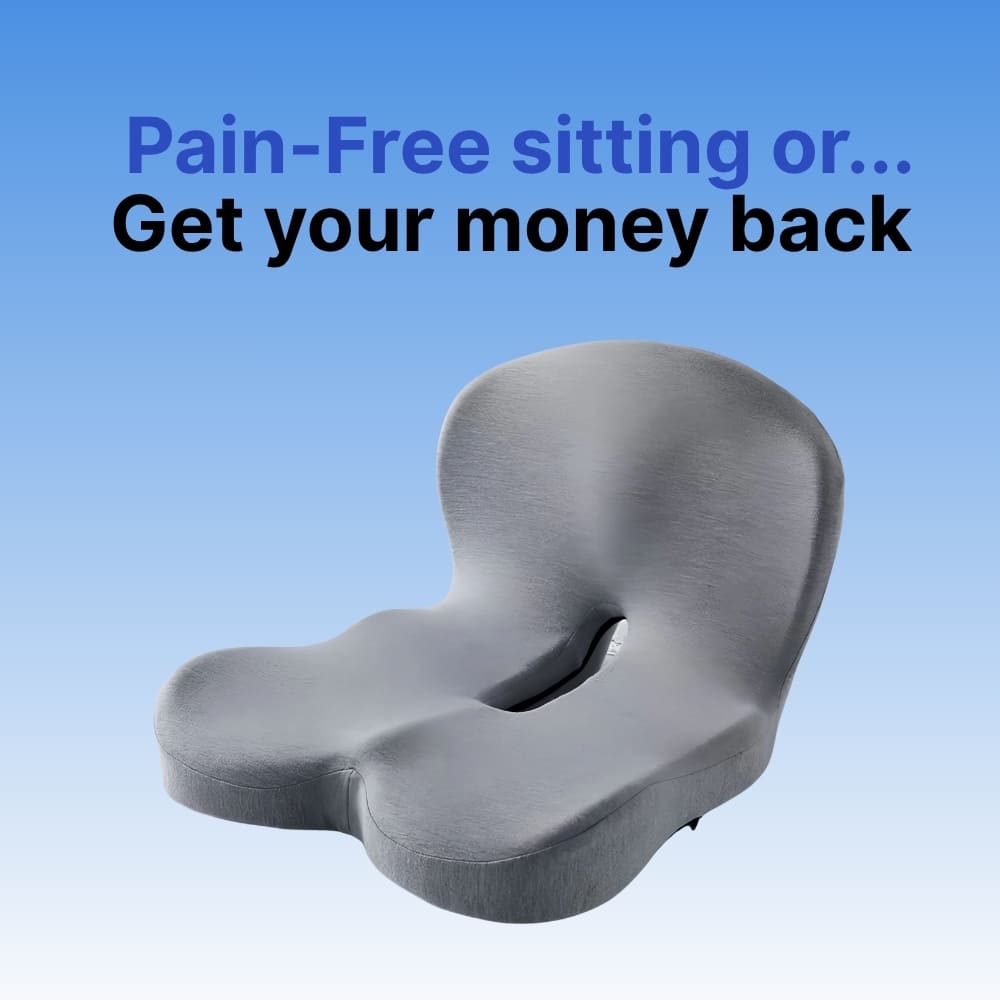 Gray seat cushion with text on a blue background