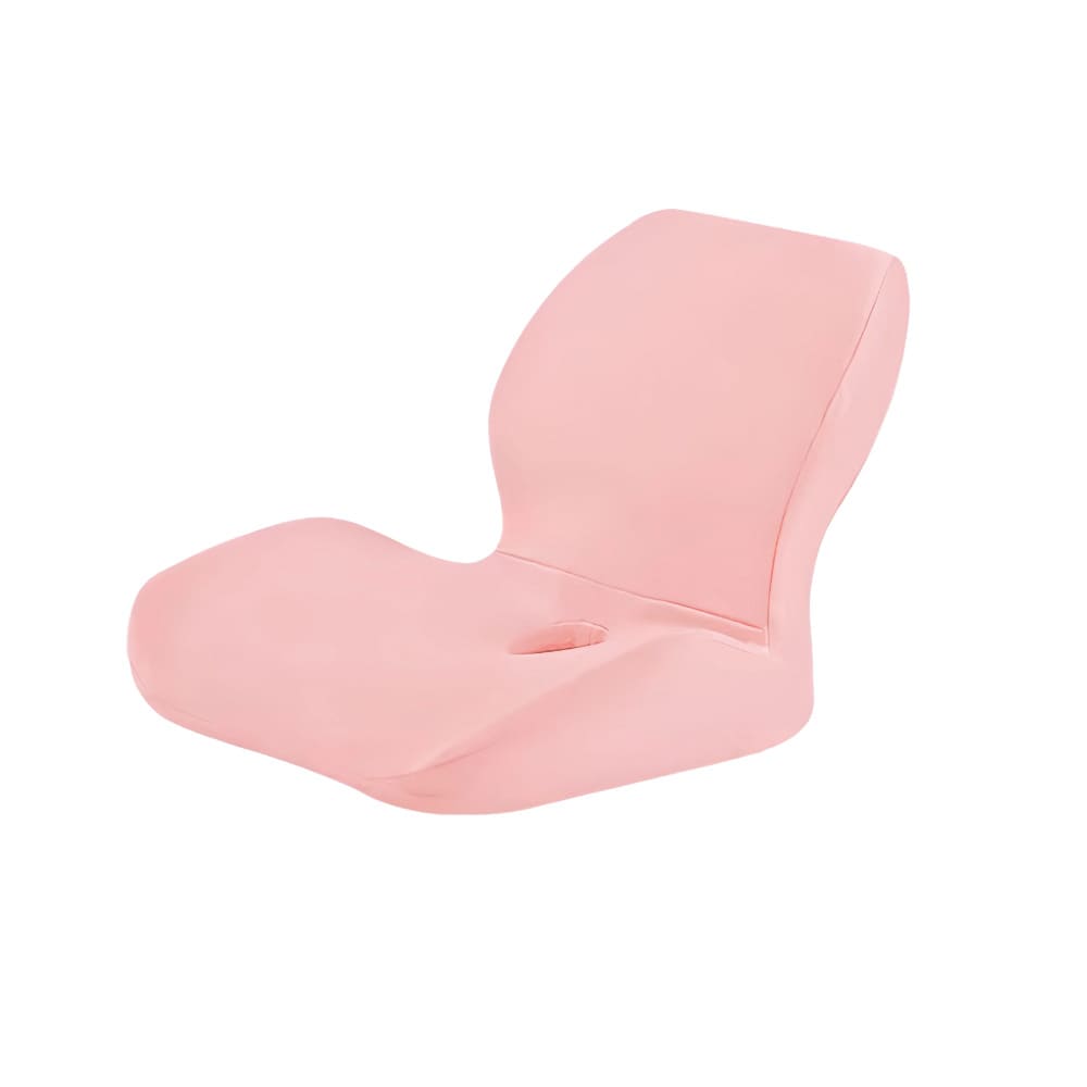 Pink crescent-shaped cushion on a white background