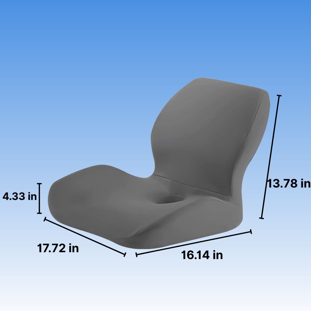 Gray seat with dimensions labeled on a blue background