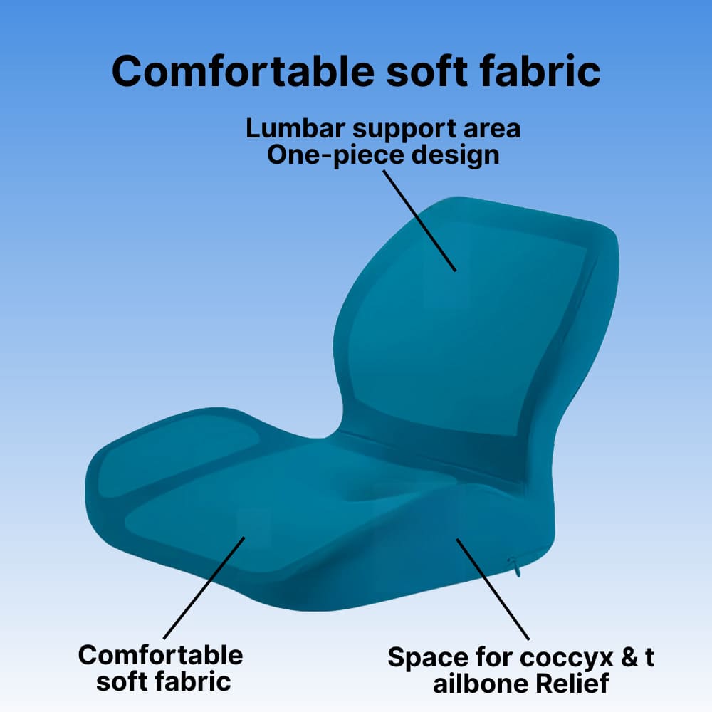 Blue ergonomic chair with labeled features on a blue background