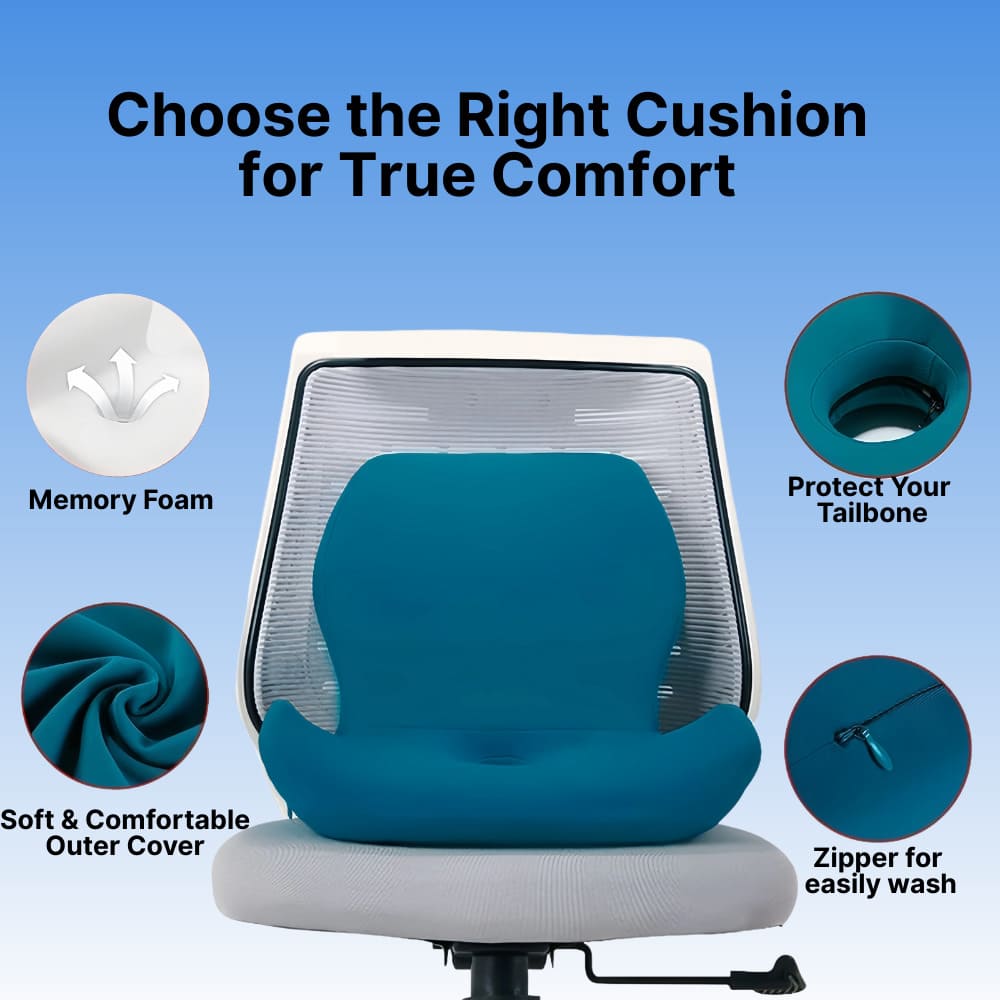 Chair with blue cushion and text about comfort features on a blue background