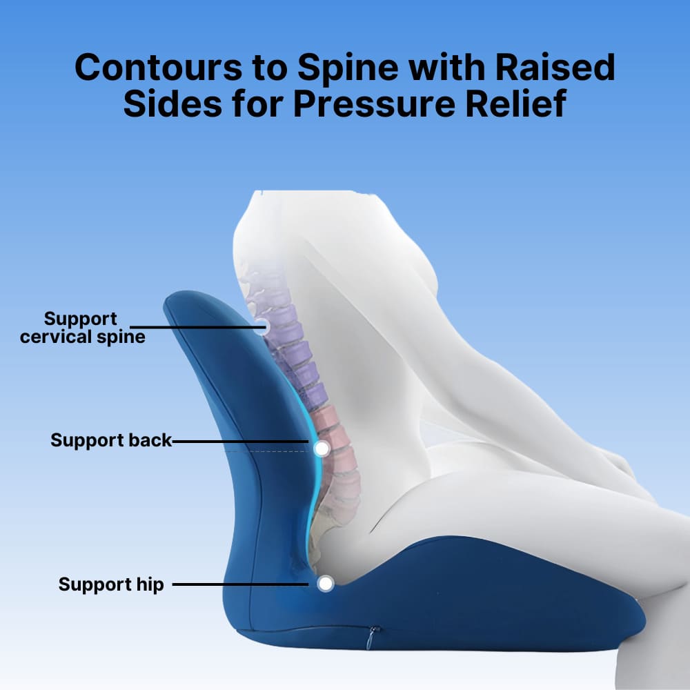 Illustration of a seat cushion with labeled contours to support the spine and relieve pressure.