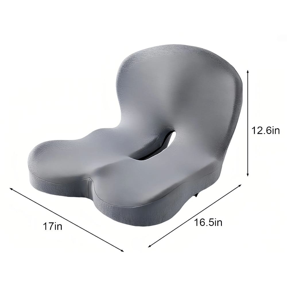 Gray seat cushion with dimensions on a white background