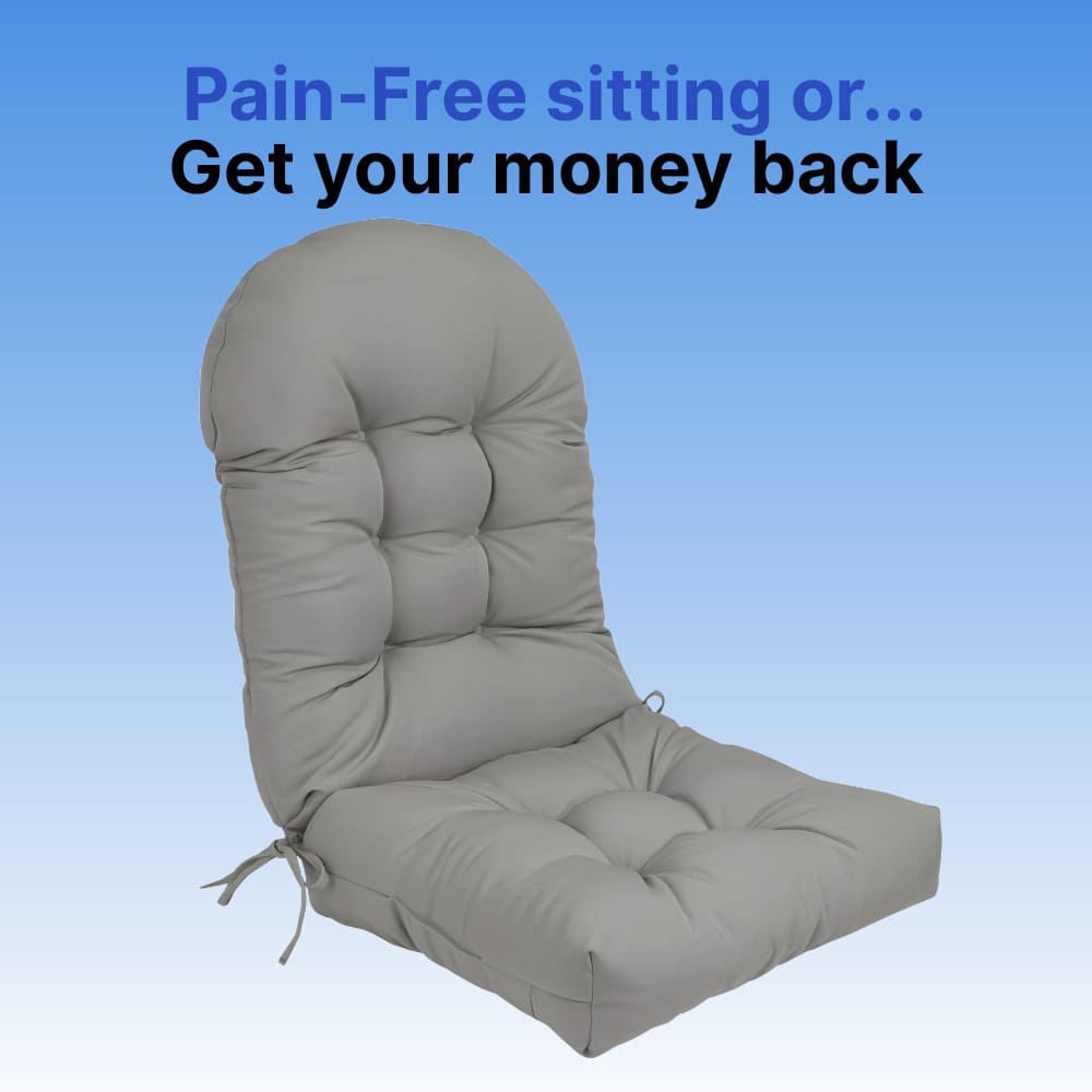 Gray chair cushion with a blue background and text about money refund offer.