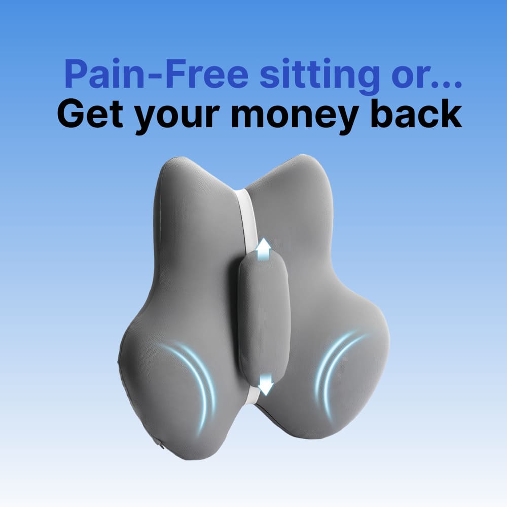 Gray seat cushion with text 'Pain-Free sitting or... Get your money back' on a blue background