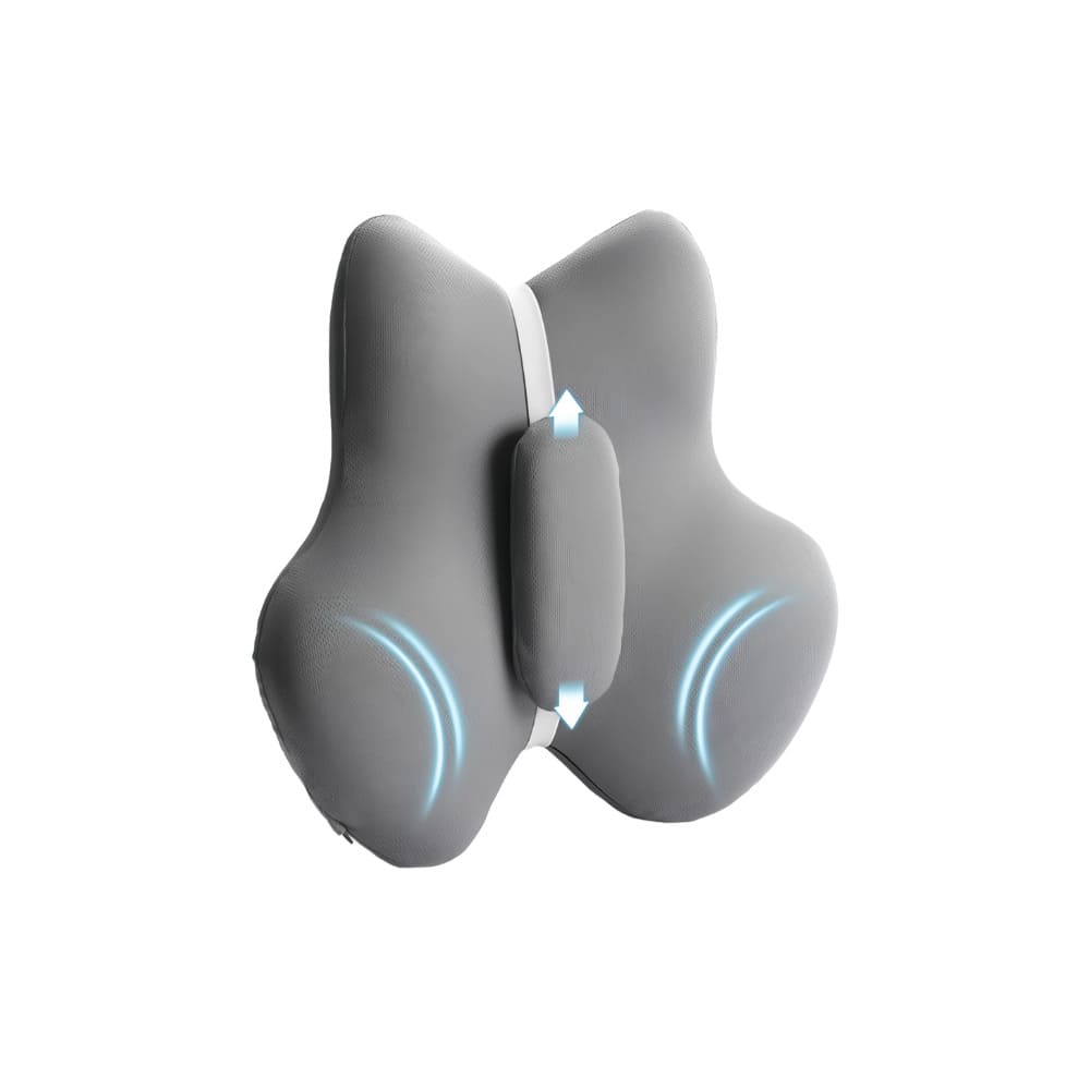Gray neck pillow with blue accents on a white background