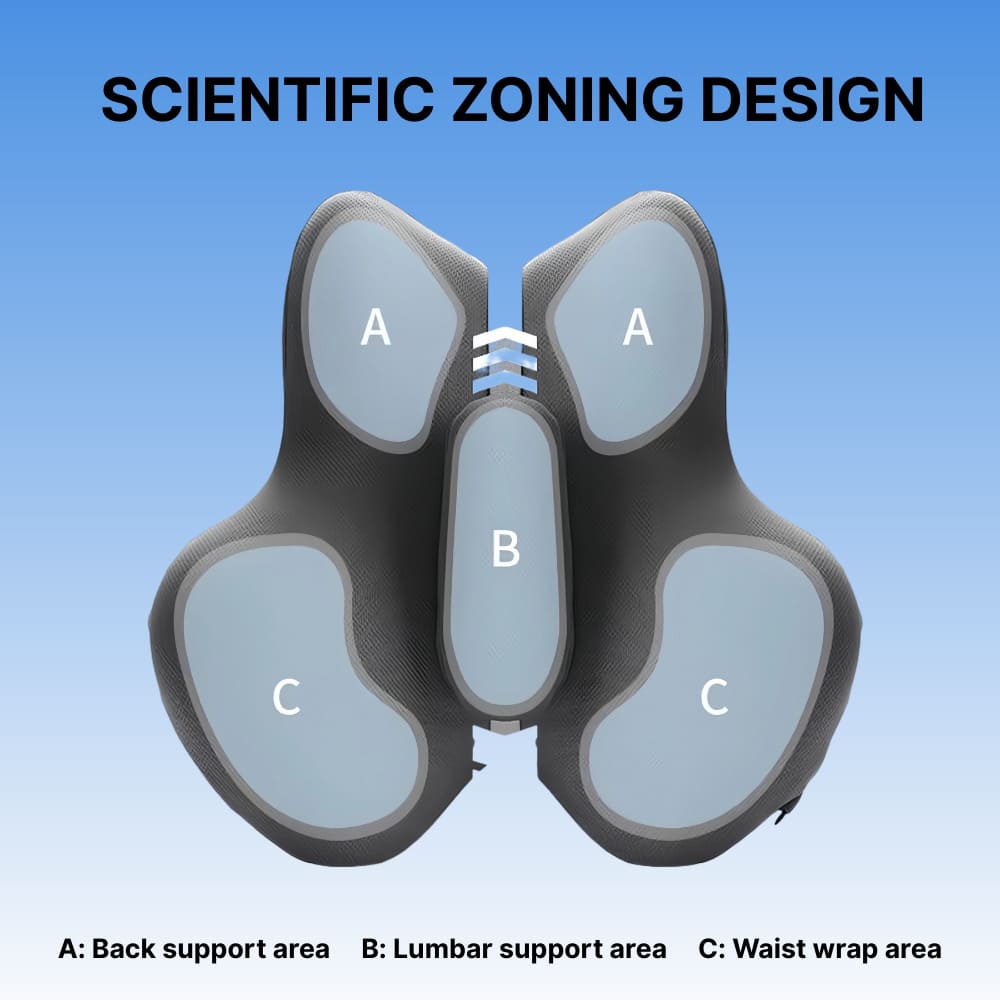 Back support device with labeled zones on a blue background