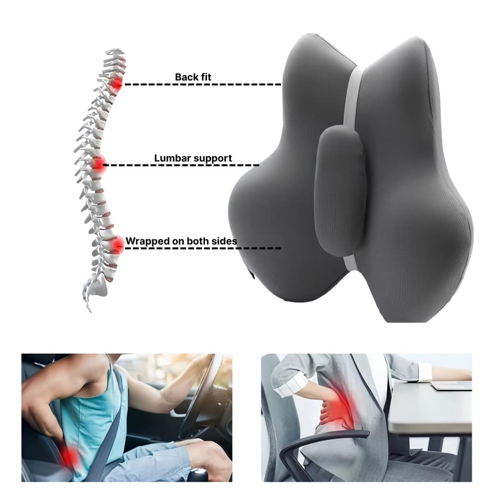 Gray car headrest with spinal diagram and usage scenarios on a white background