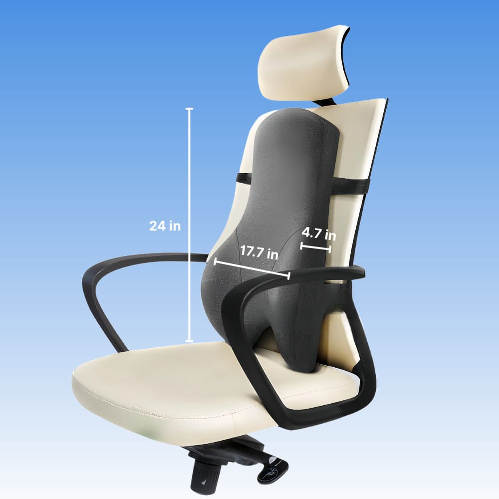 Ergonomic chair with measurements on a blue background