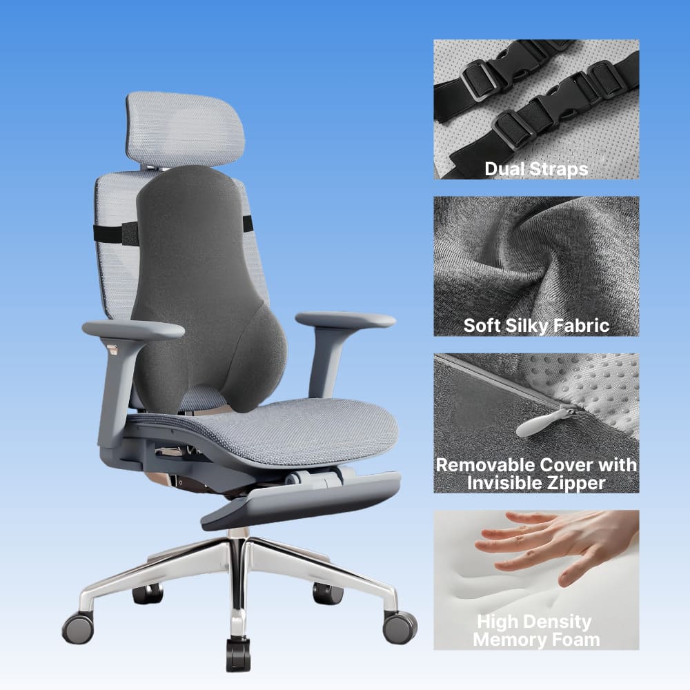 Gray office chair with features highlighted on a blue background