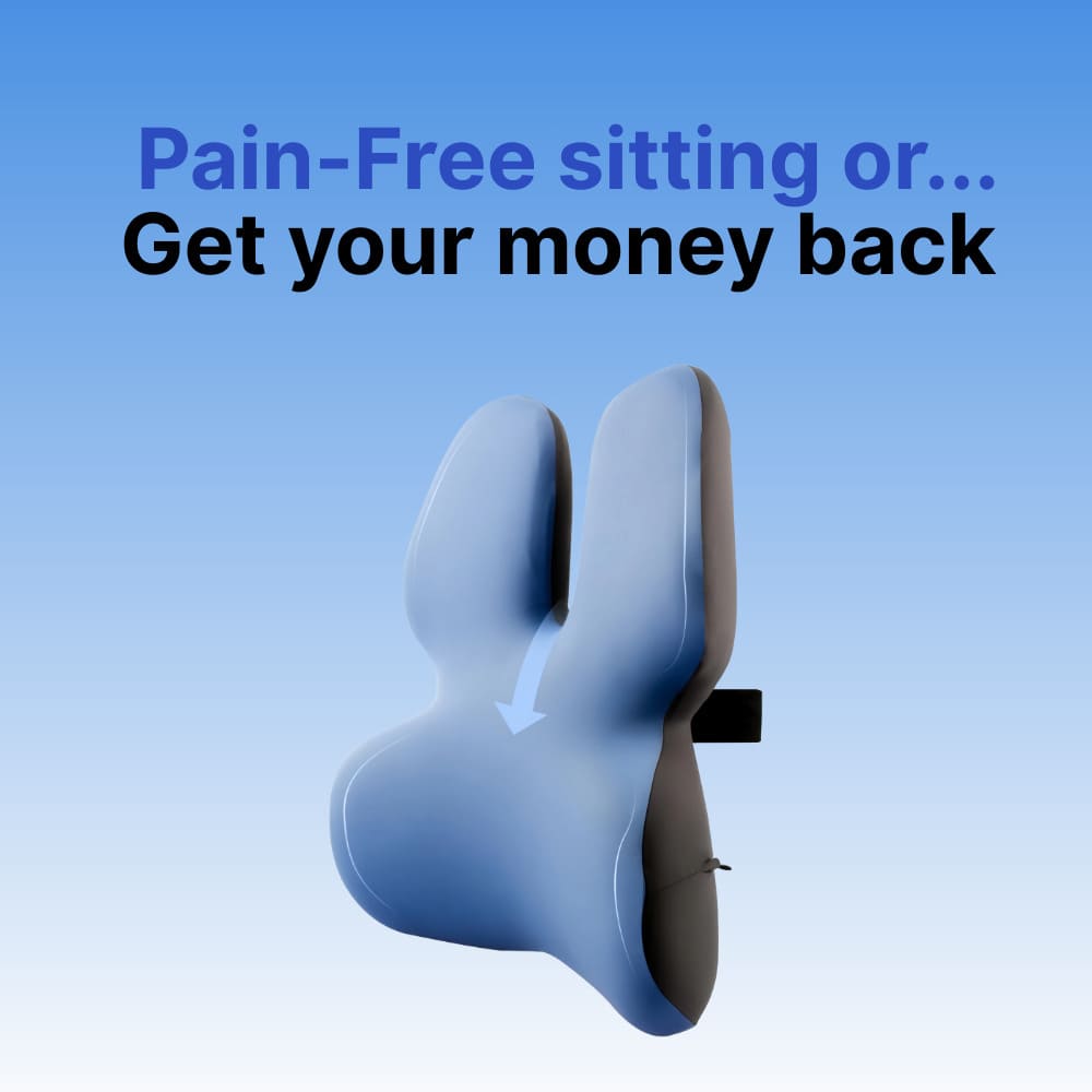 Sitting product with text 'Pain-Free sitting or... Get your money back' on a blue background