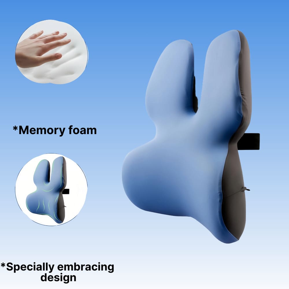 Memory foam pillow with hand and U-shaped design illustration on a blue background