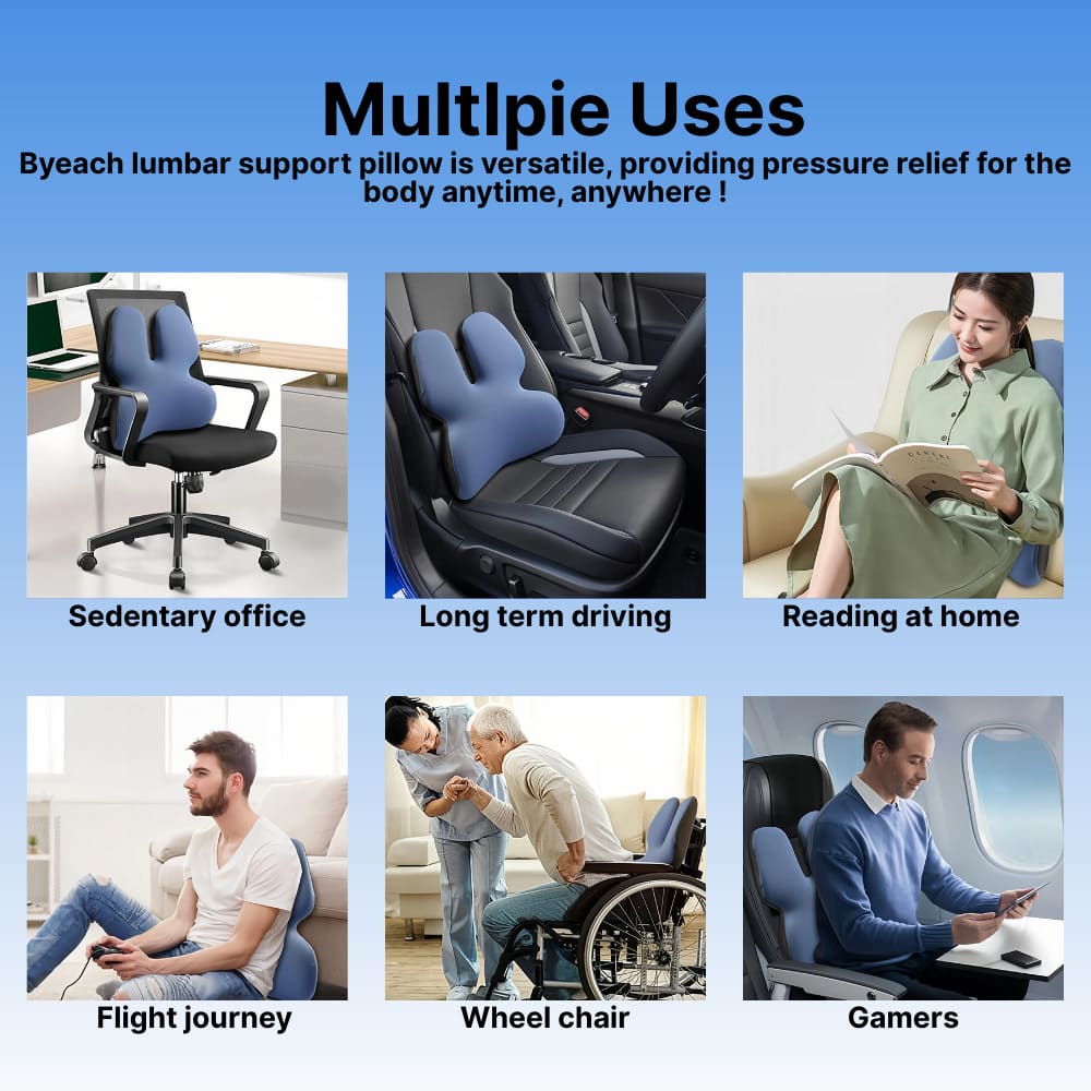 Byeach lumbar support pillow used in various scenarios with text highlighting its versatility.