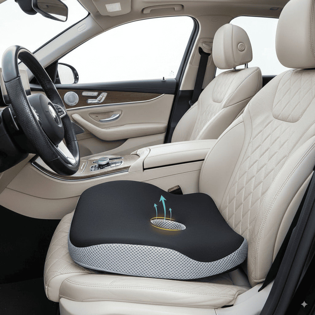 Car seat with a black and gray cushion on the driver's seat