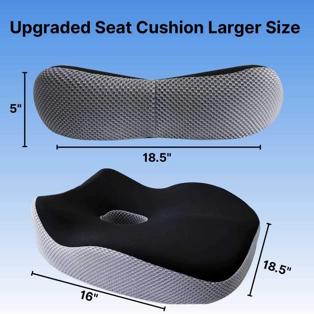 Upgraded seat cushion with dimensions on a blue background