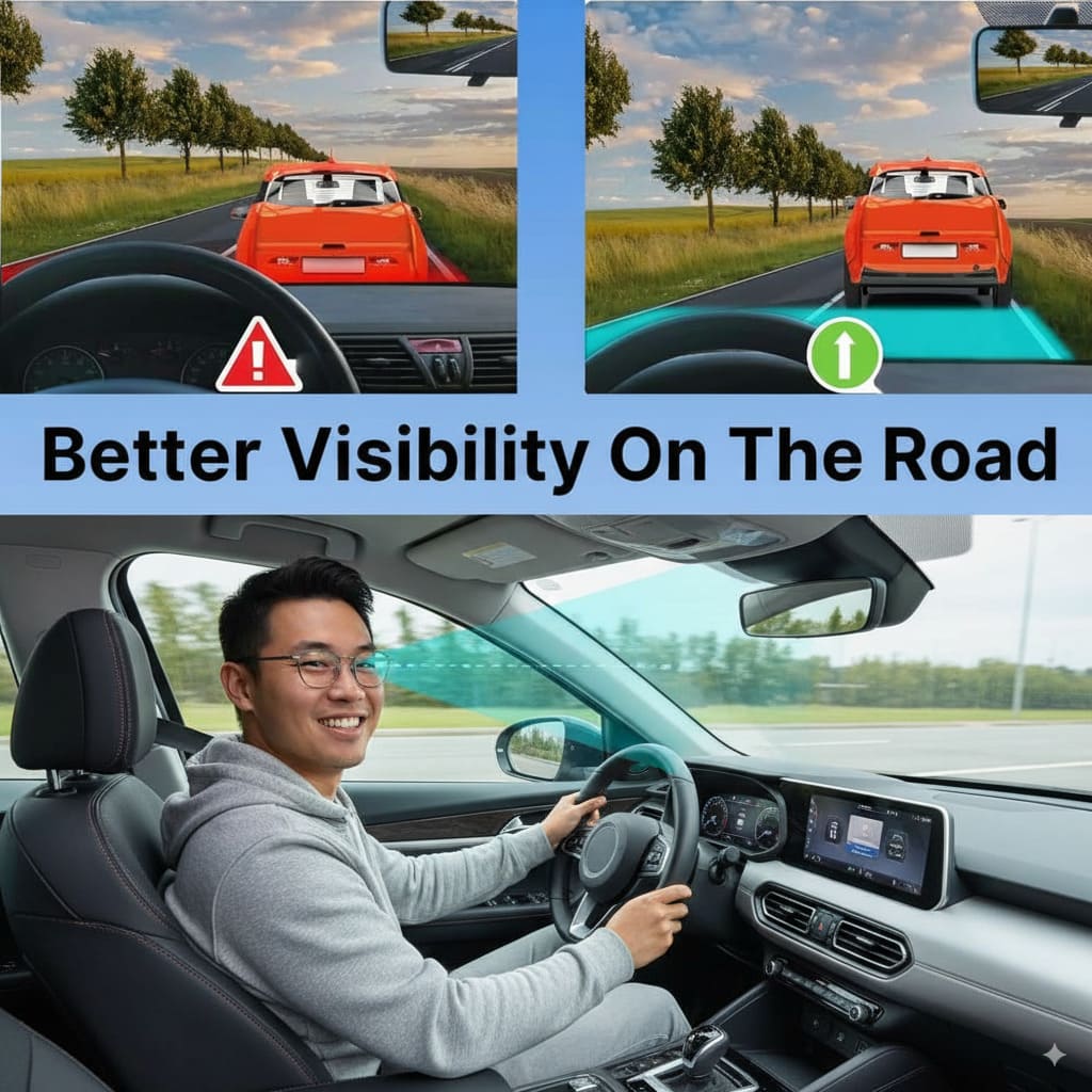 Person driving a car with improved visibility features highlighted.
