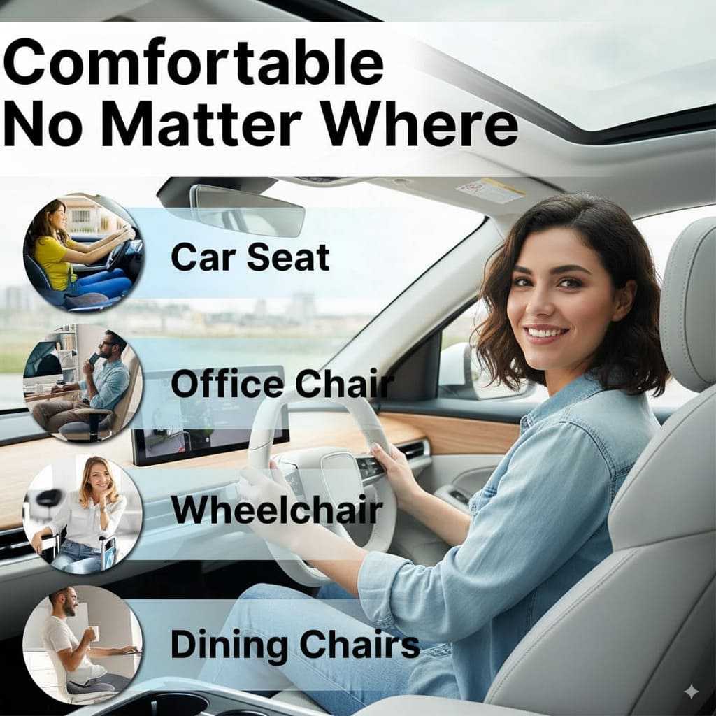 Woman sitting in a car with text about comfortable seating solutions for various situations.