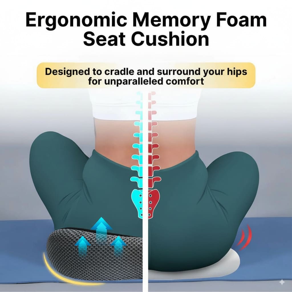 Ergonomic memory foam seat cushion with text highlighting its design and comfort features.
