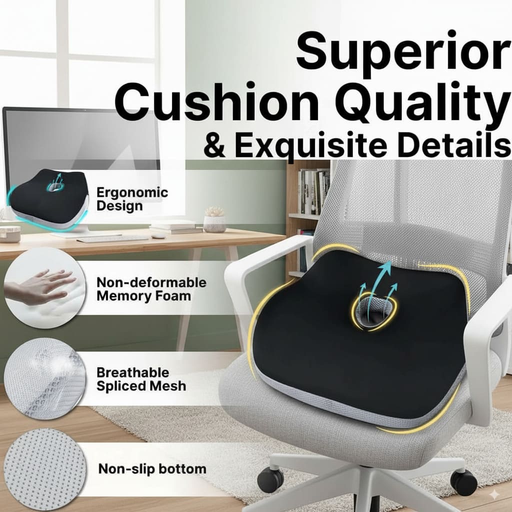Chair cushion with ergonomic design, non-deformable memory foam, breathable spliced mesh, and non-slip bottom on a chair in an office setting.