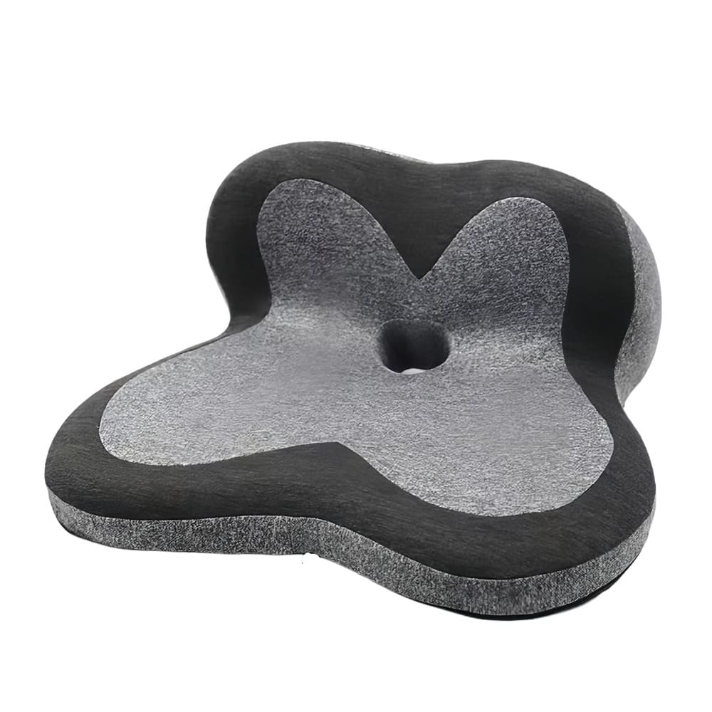 Gray and black foam seat cushion with unique design on a white background