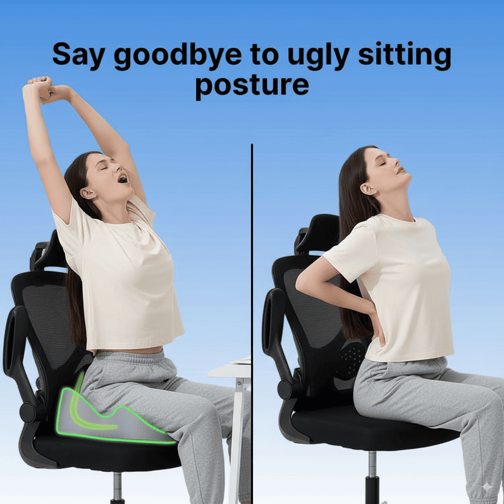 Person using a back support device on an office chair with text 'Say goodbye to ugly sitting posture'.