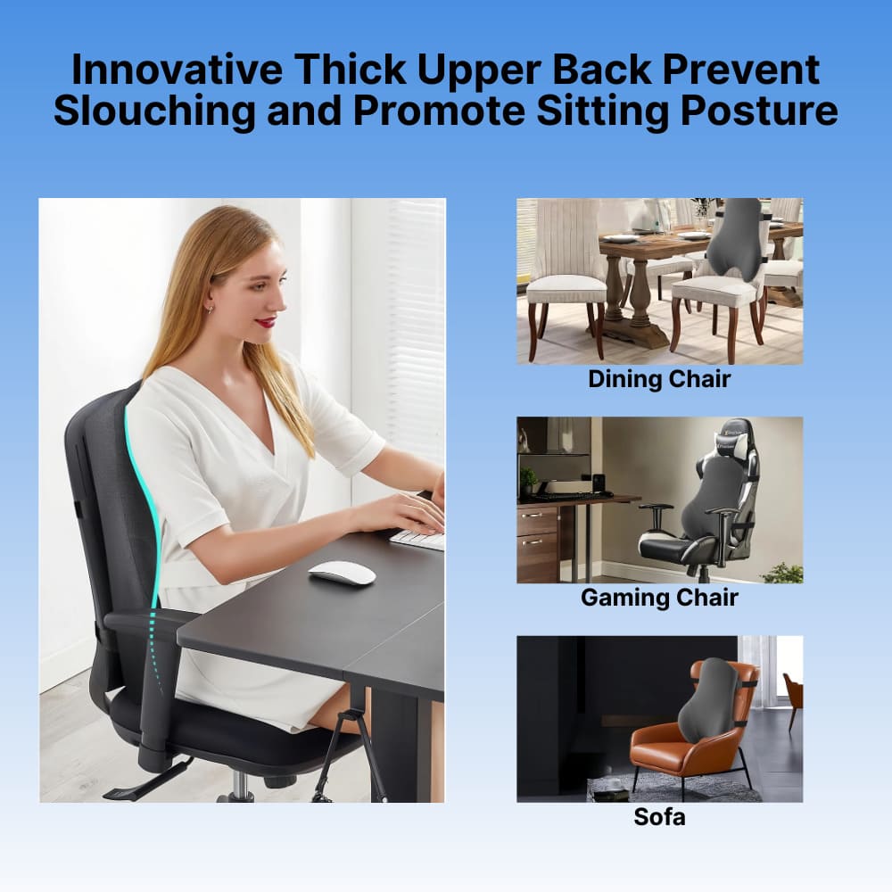 Innovative thick upper back chair design for various seating scenarios with text on a blue background.