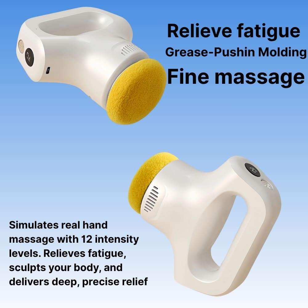 Massage gun with yellow cushion on a blue background, featuring text about its features.