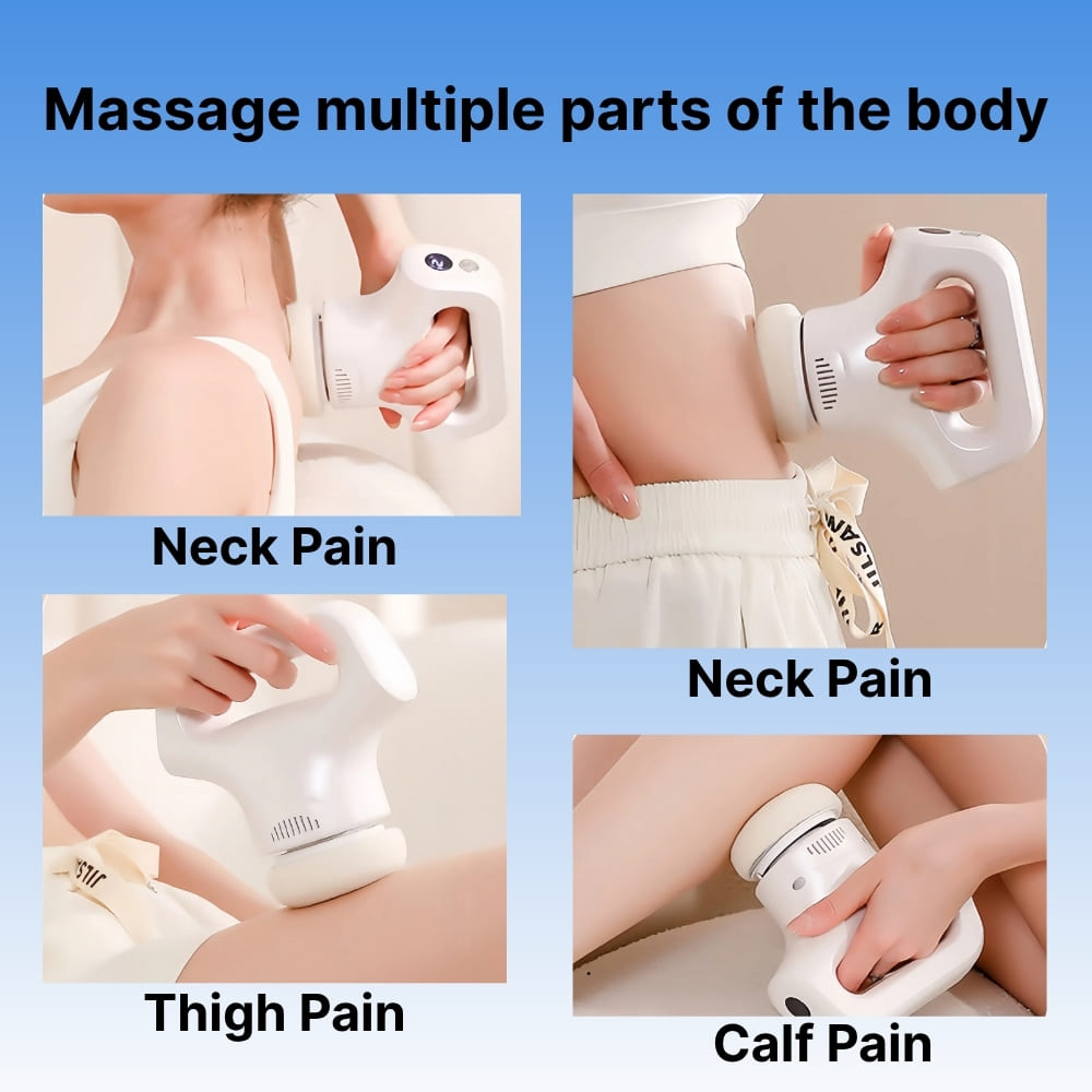 Massage device being used on different parts of the body with text indicating pain relief.