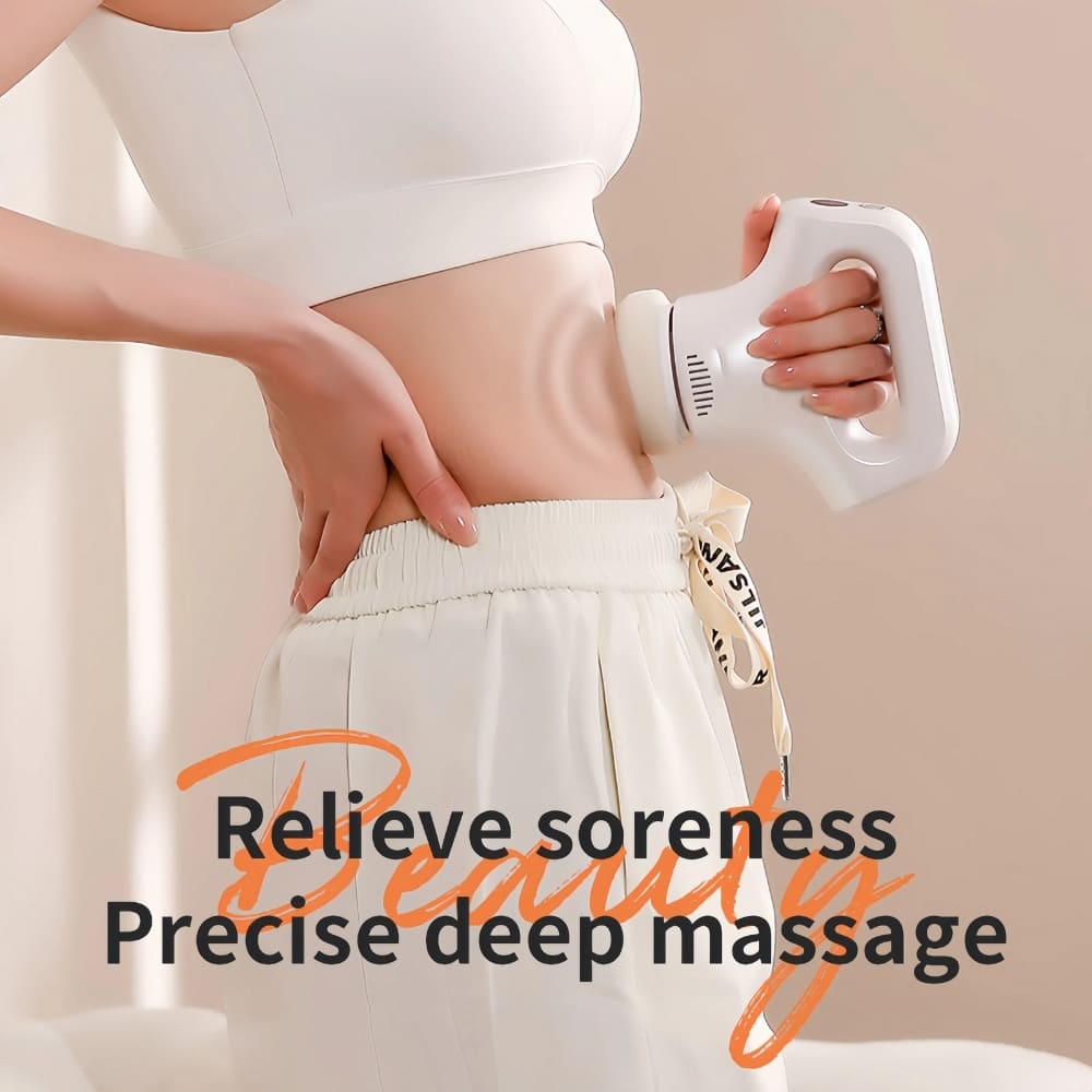 Person using a handheld massage device on their abdomen with text promoting relief from soreness and precise deep massage.