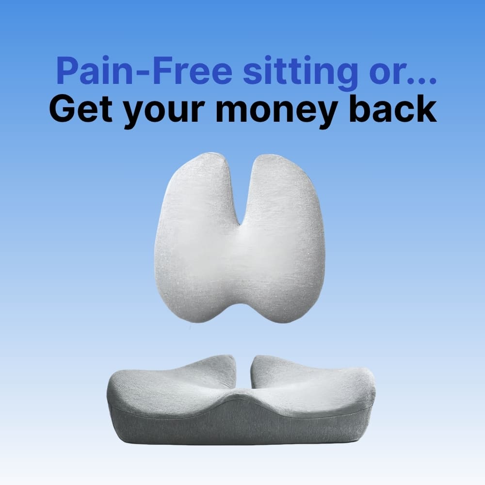 Gray ergonomic seat cushion with a blue background and text about pain-free sitting or money-back guarantee.