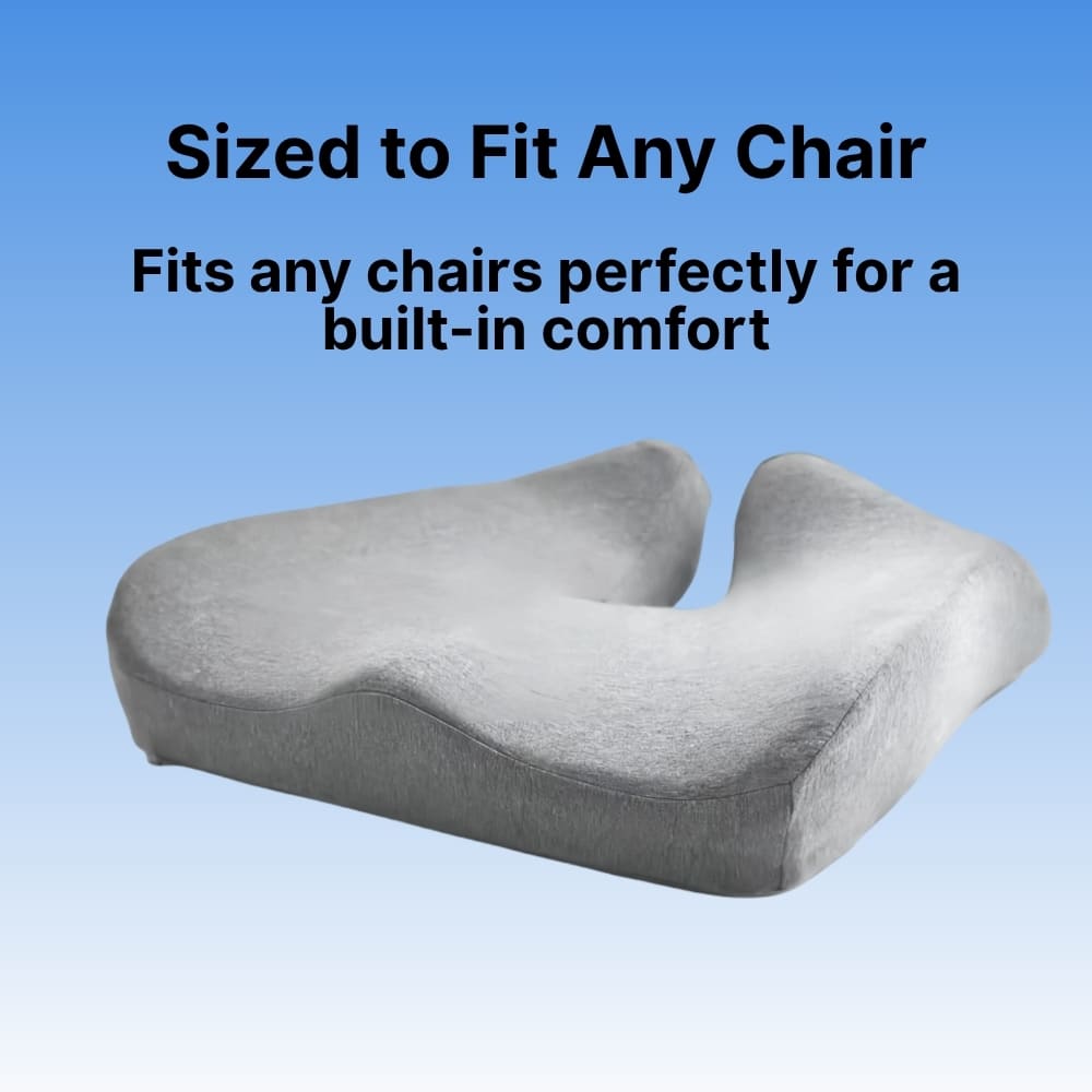 Gray cushion designed to fit any chair on a blue background with text.