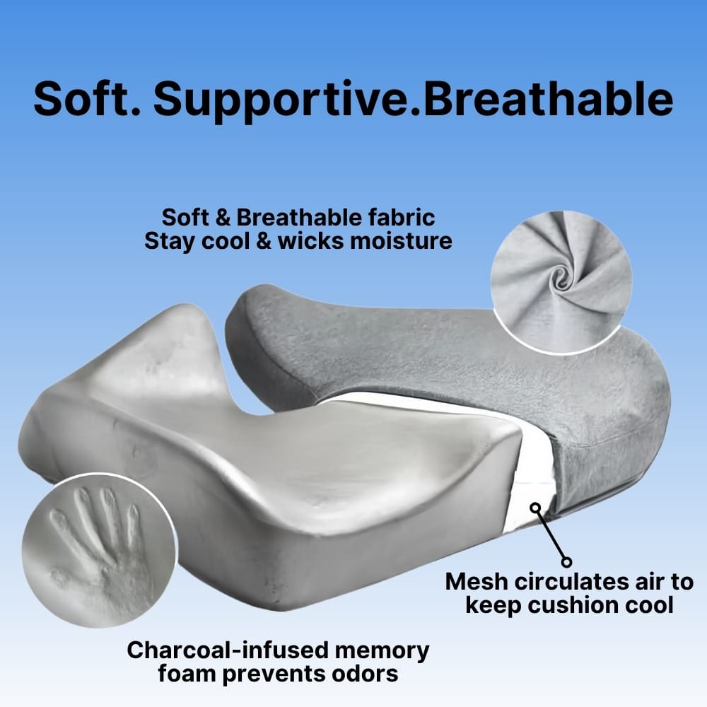 Gray neck pillow with text highlighting features on a blue background