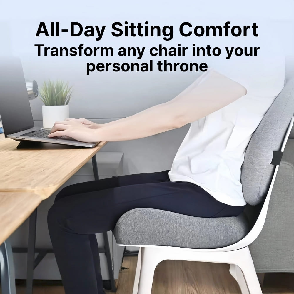 Person using a laptop with a seat cushion for comfort, text 'All-Day Sitting Comfort' and 'Transform any chair into your personal throne'.