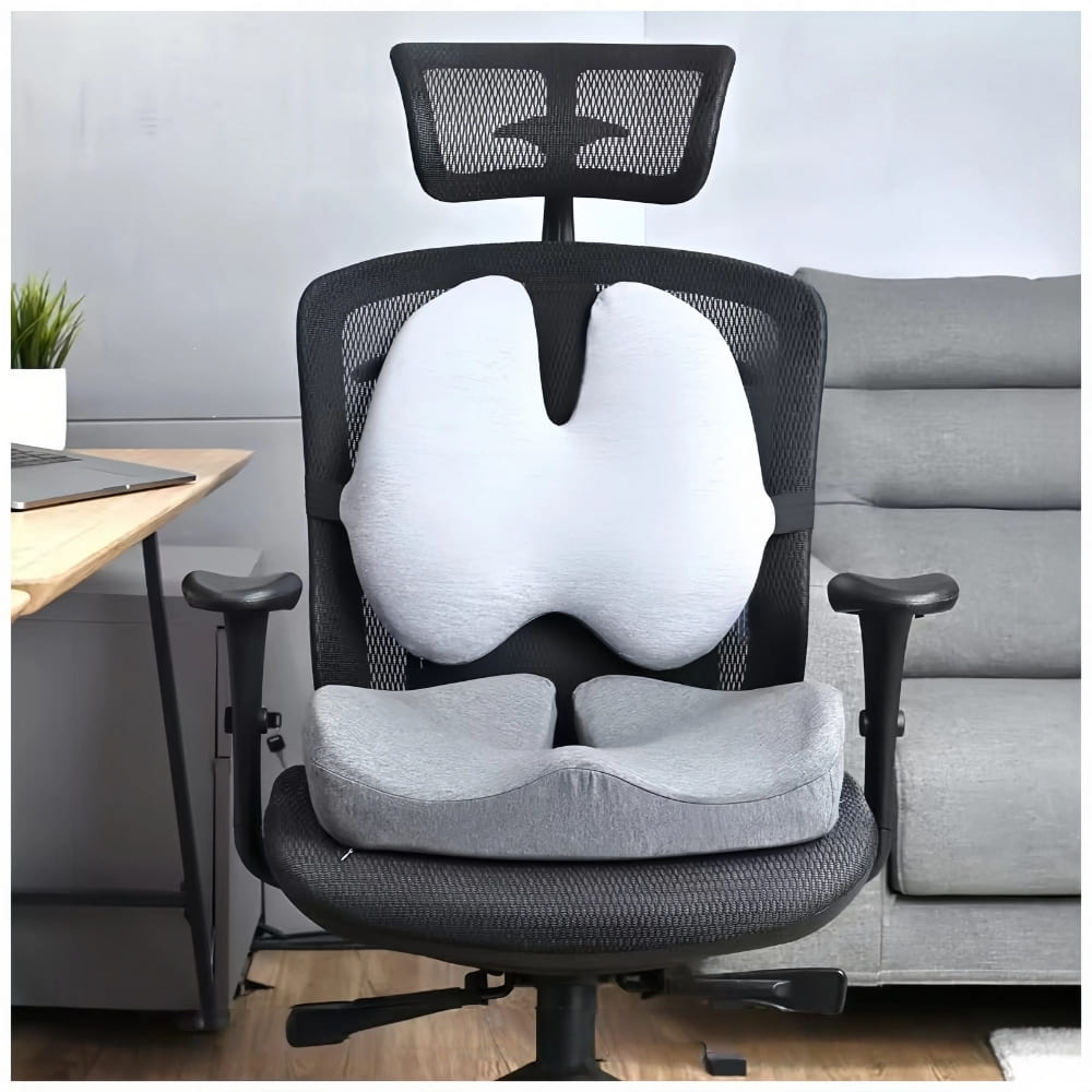 Ergonomic office chair with a cushion on a desk setup