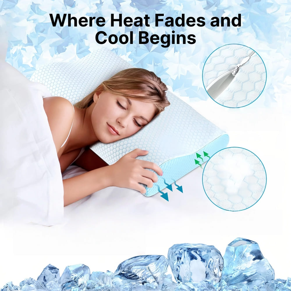 Woman sleeping with a cooling pillow, surrounded by ice cubes and text 'Where Heat Fades and Cool Begins'.