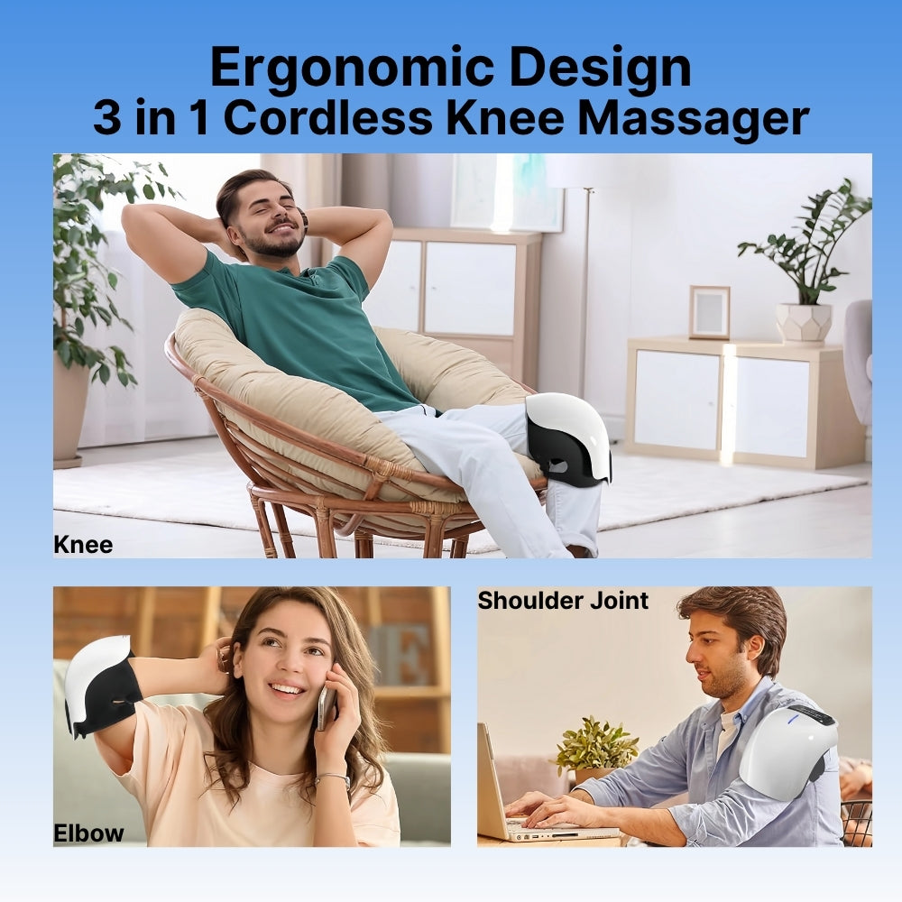 Ergonomic design 3-in-1 cordless knee massager with people using it on knee, shoulder, and elbow.