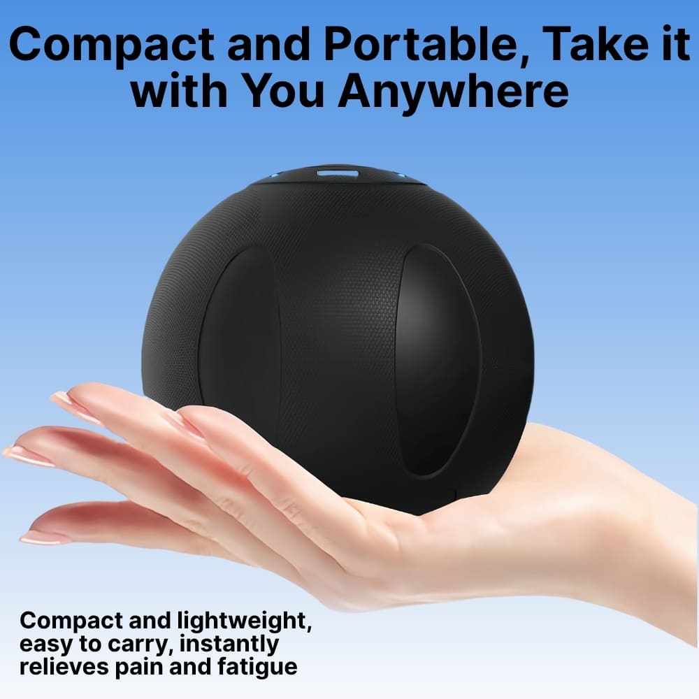 Black ball held in a hand with text about its portability and benefits on a blue background