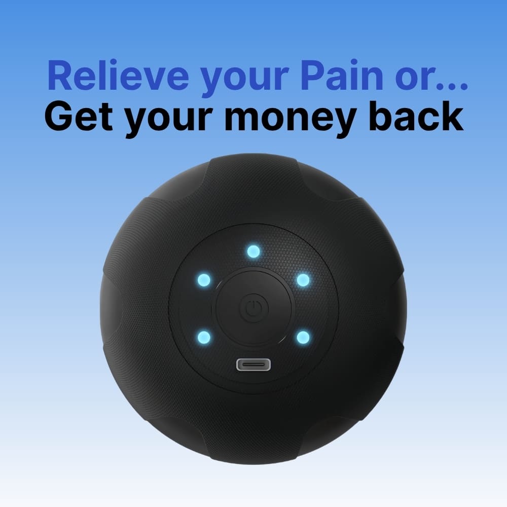 Black circular device with blue lights on a blue background, accompanied by text.