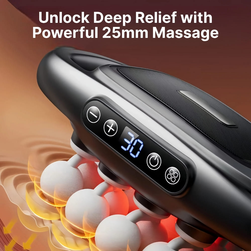 Massage device with digital display and text 'Unlock Deep Relief with Powerful 25mm Massage' on a brown background.