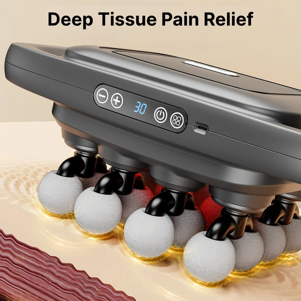 Massage device for deep tissue pain relief with digital display on a beige background