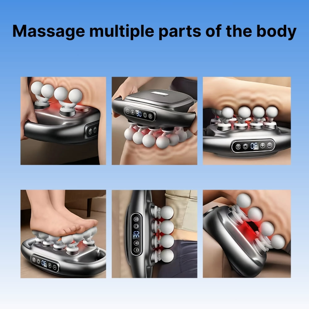 Massage device with various parts of the body shown being massaged on a blue background.