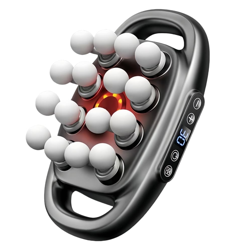 Massage roller device with digital display on a white background