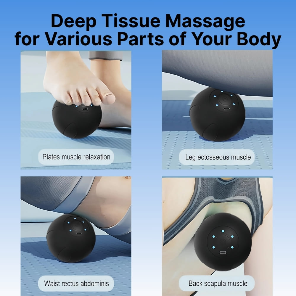 Massage ball being used on different parts of the body with text indicating muscle relaxation.